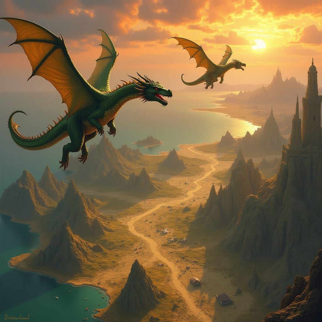 Majestic Dragons Soar Over Fantasy World Map