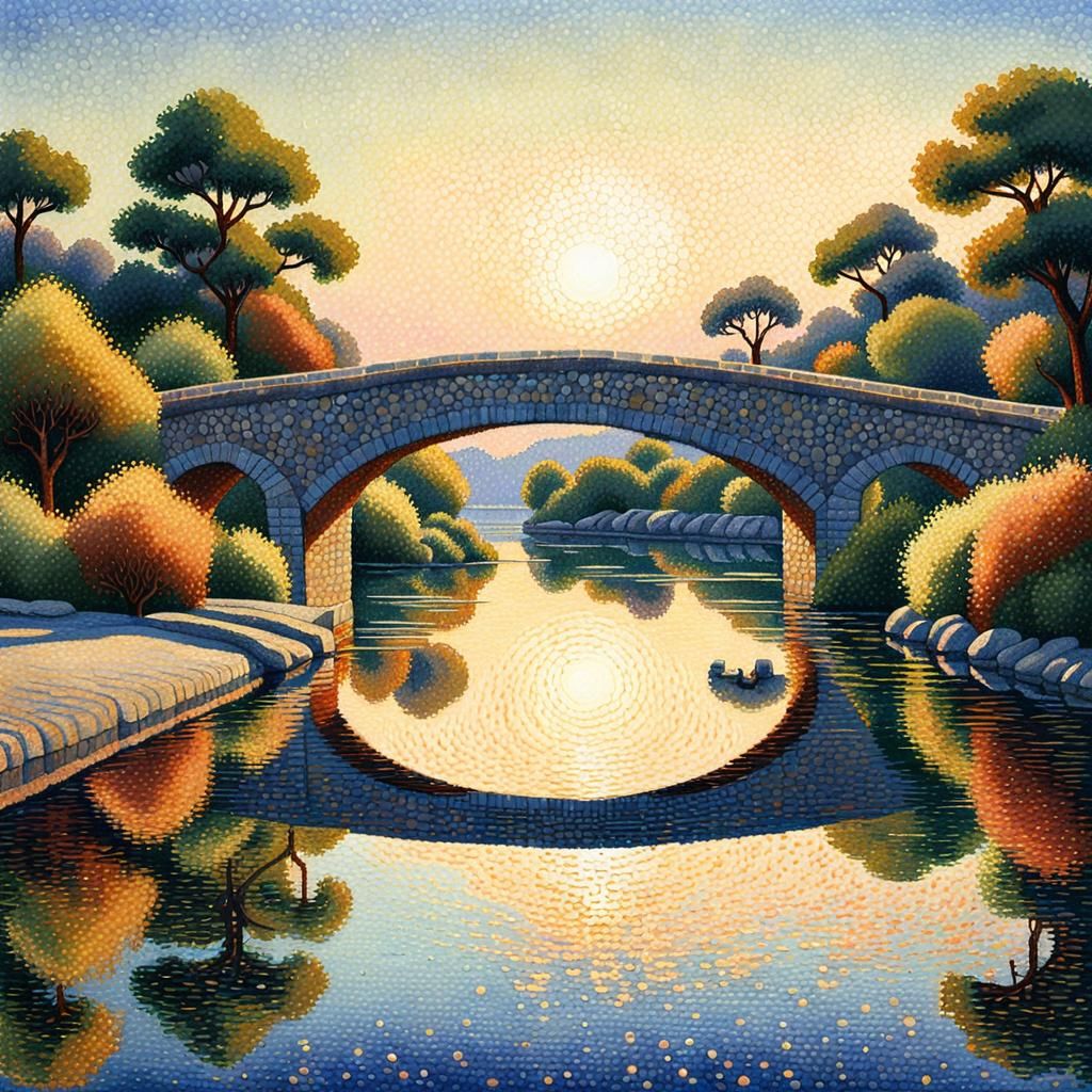 Pointillist Stone Bridge Reflected at Golden Hour
