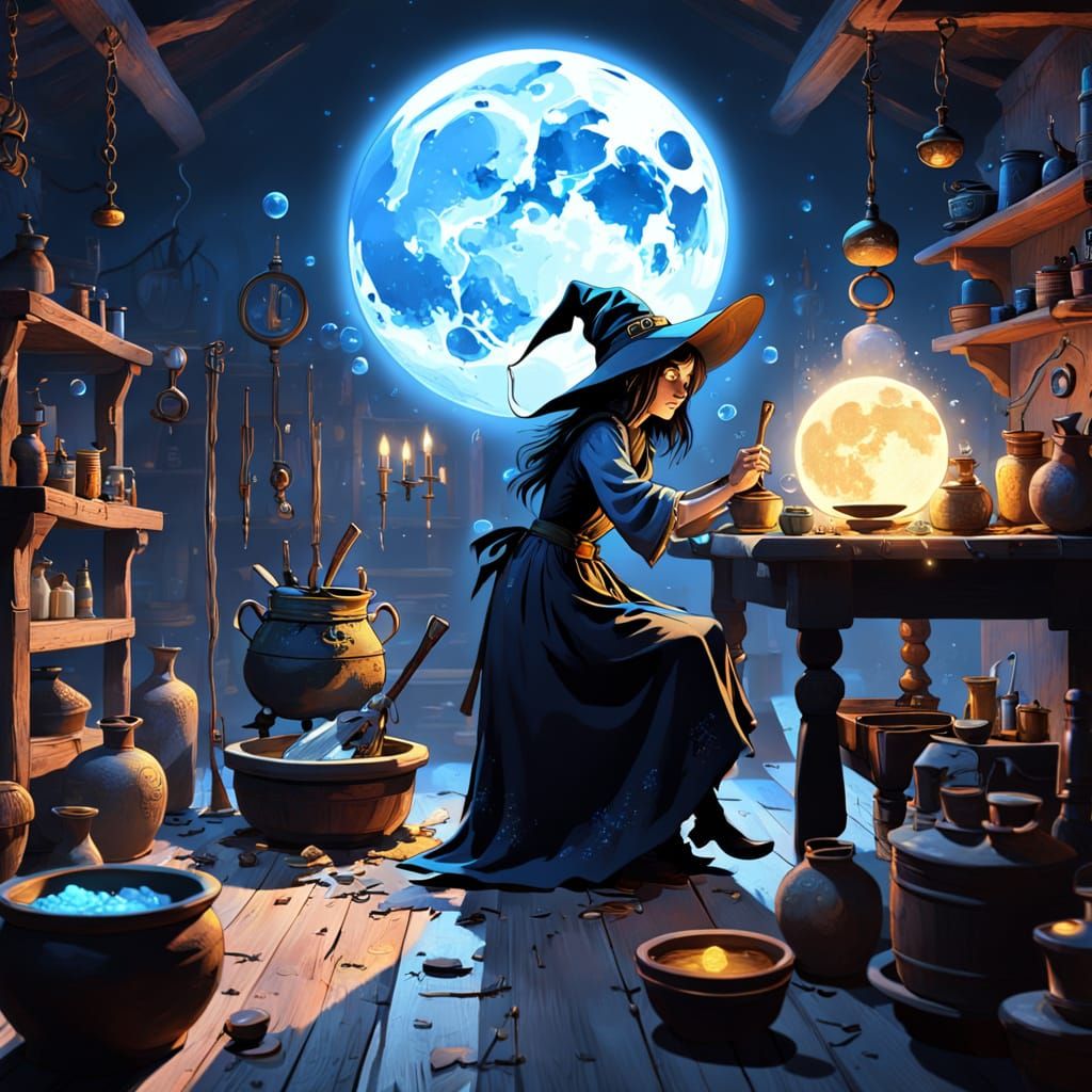 Witch Doing Chores Under Full Moon in Fantasy Realm