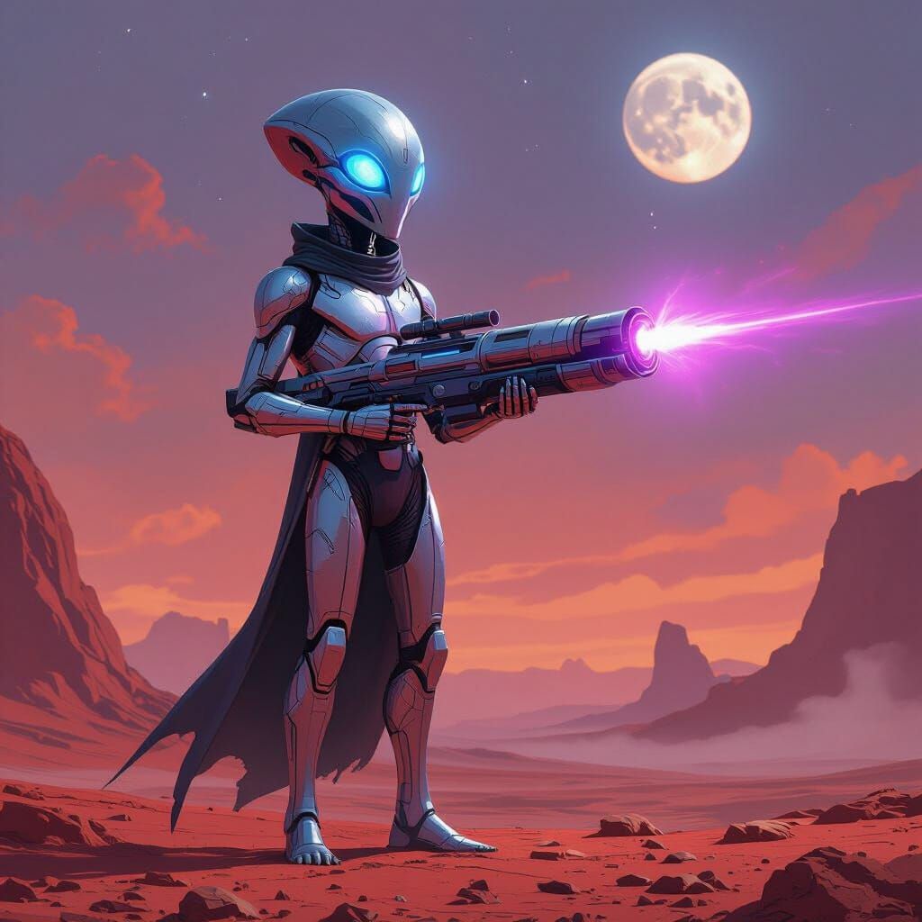 Alien Warrior with Futuristic Cannon on Red Planet