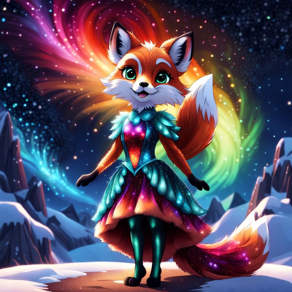 Sparkly Fox Girl in Aurora Borealis Landscape