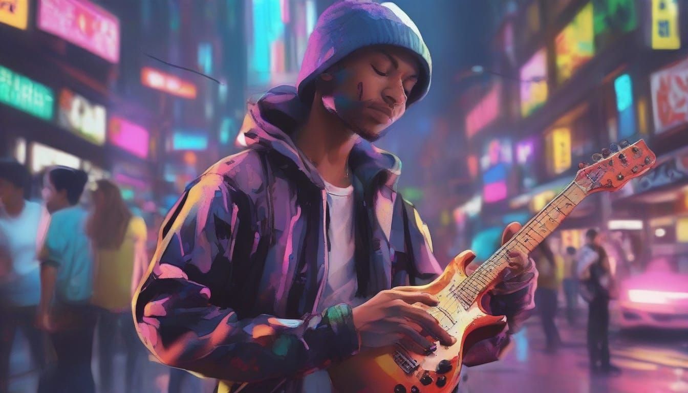 Musician's Anime Performance in Vibrant Street Art