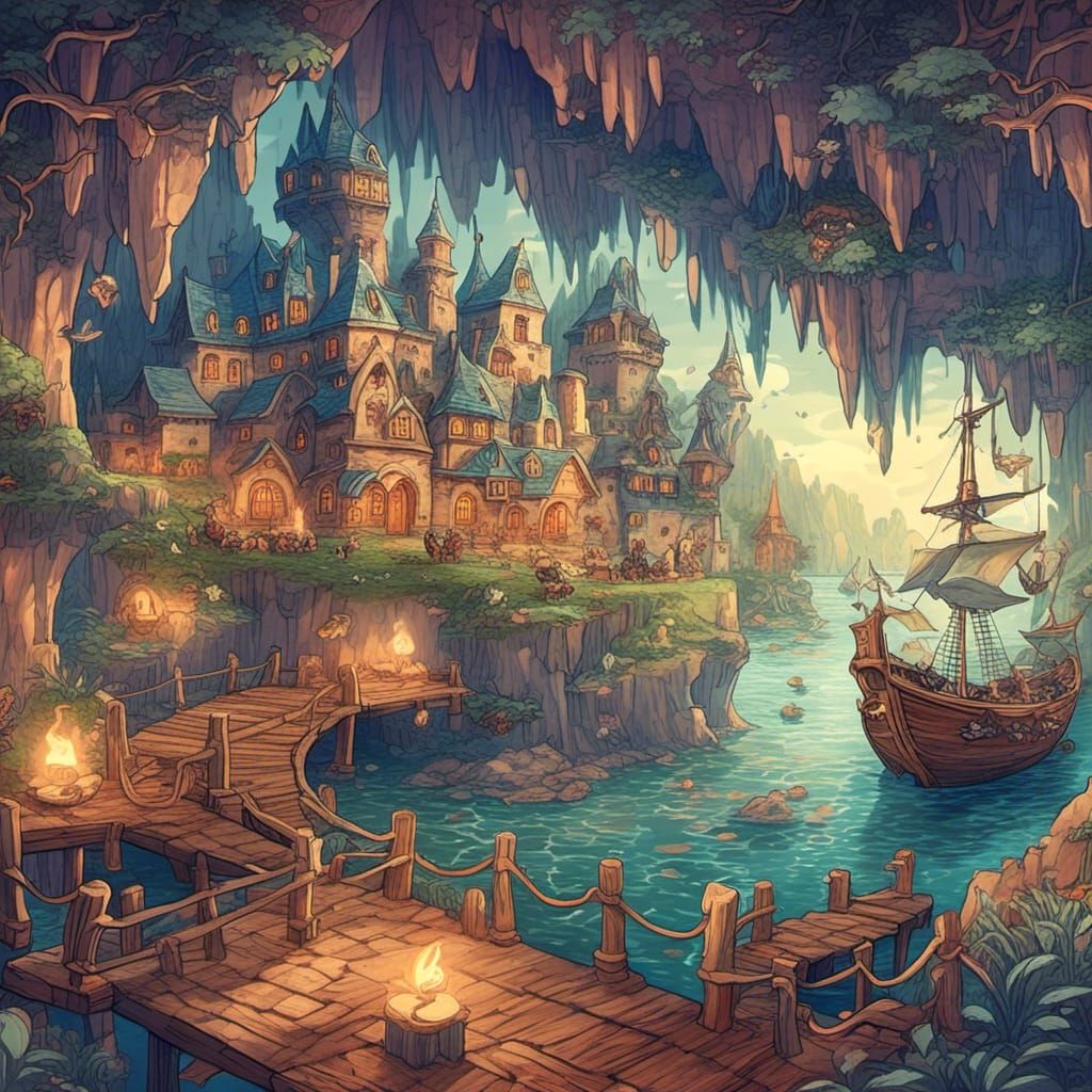 Cavern Castle with Lake in Van Gogh Style