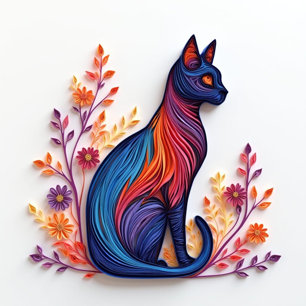 Vibrant Quilling Cat in Floral Bloom