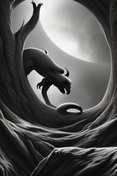 Yin Yang Creatures in Void: Detailed Matte Painting