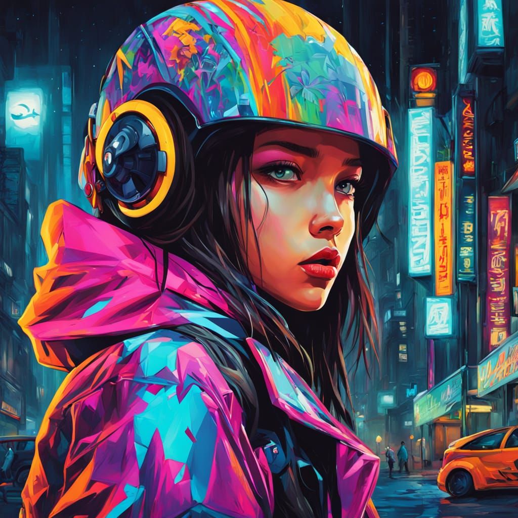 Cyberpunk Anime Biker in Rainy Cityscape