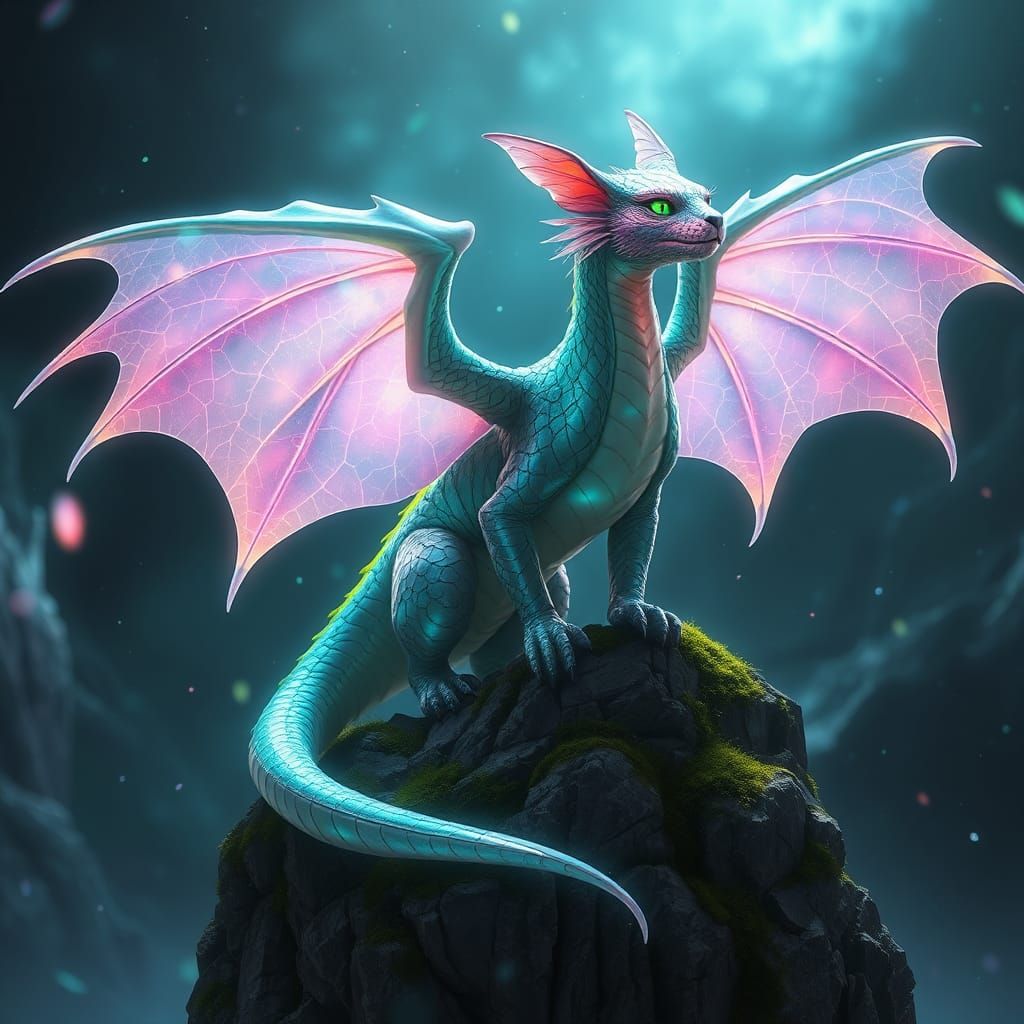 Dragon-Cat Hybrid with Iridescent Scales as Concept Art