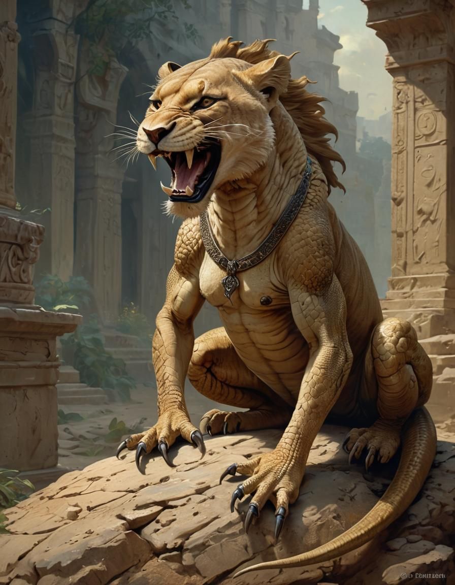Fearsome Lioness Chimera Fusion in Horror Style