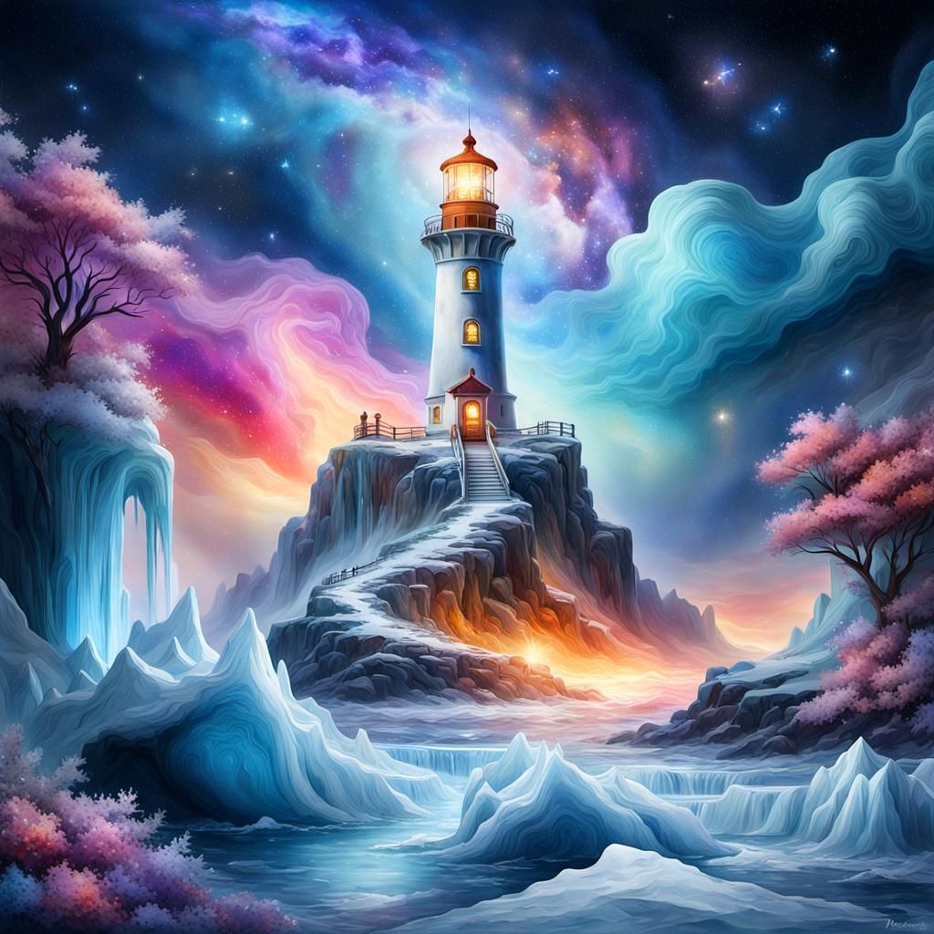 Icy Lighthouse Sculpture Under a Starry Nebula