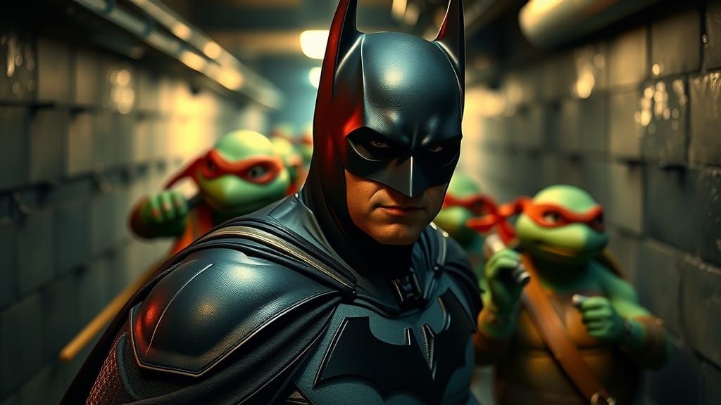 Batman and Ninja Turtles in Sewers: Hyperrealistic Photograp...