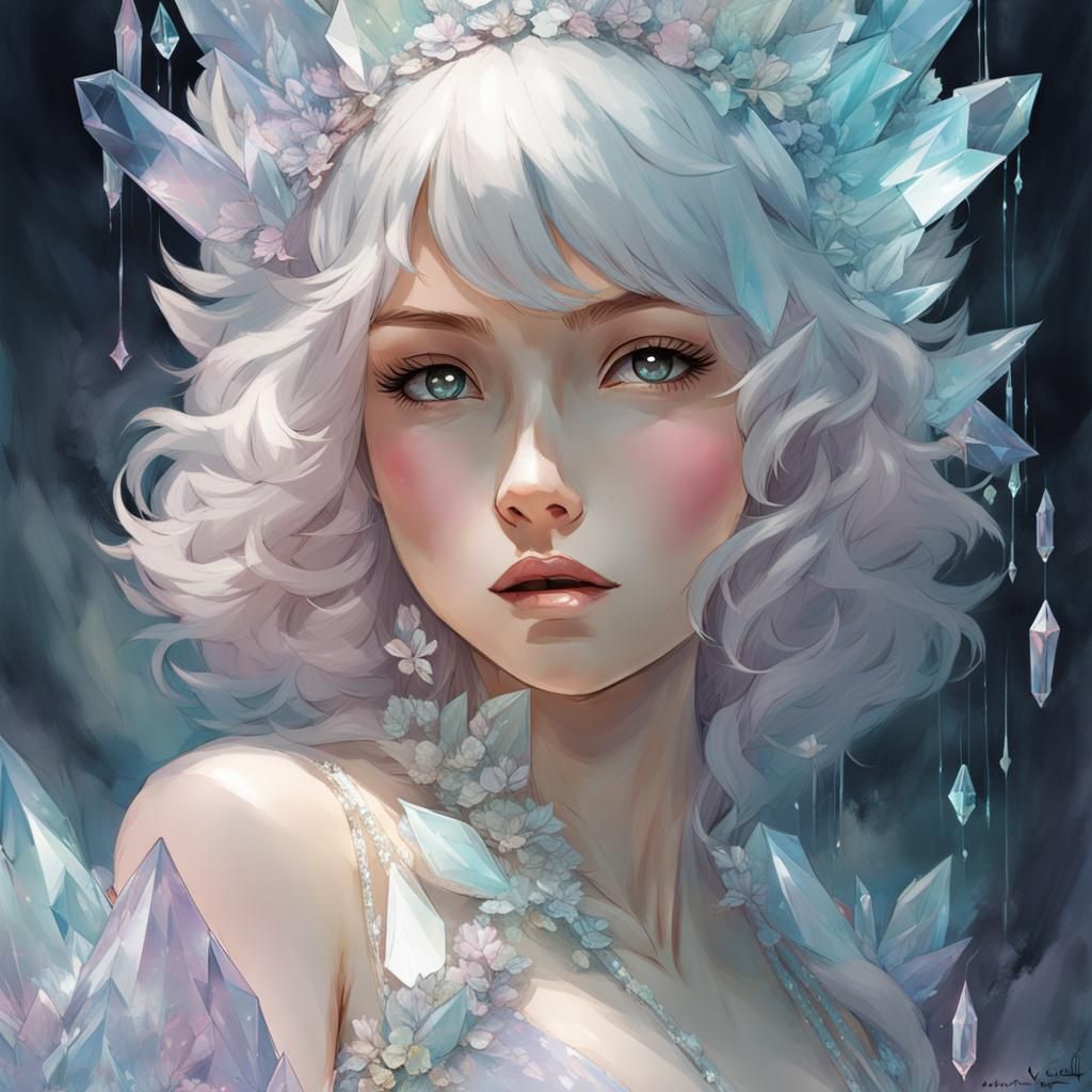 Pastel Crystal Girl in Cave, Kawaii Style