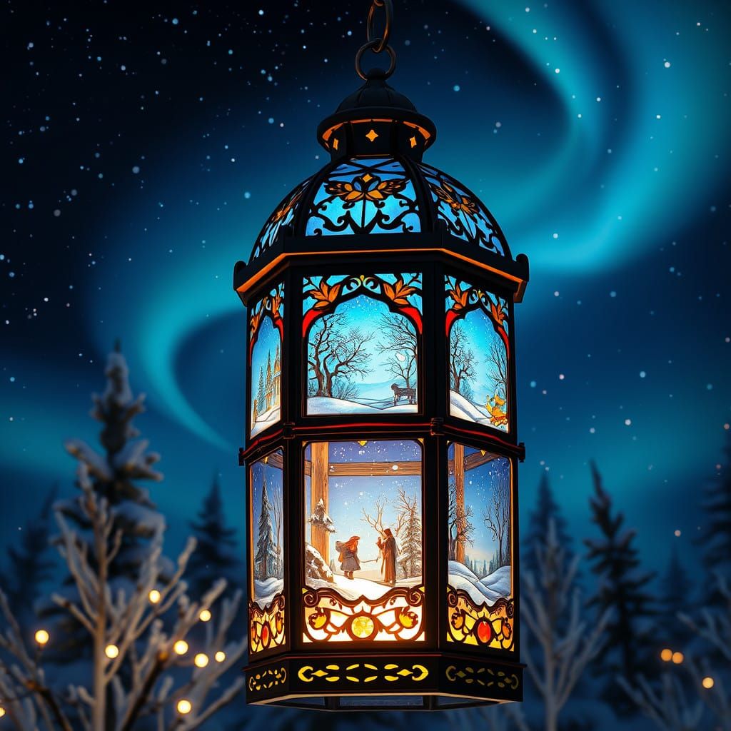 Stained Glass Lantern Illuminates Winter Wonderland Scenes