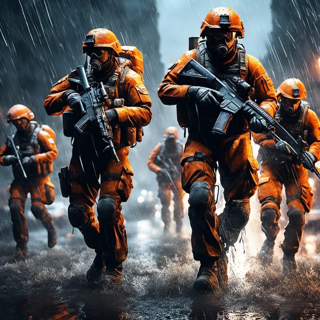 Infantry Squad in Rain: Hyper-Detailed Concept Art