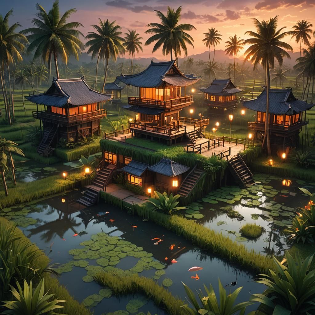 Sunset Kubo in Rice Fields: Detailed Matte Painting