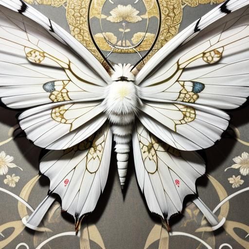 White Silk Moth on Ornate Japanese Fabric
