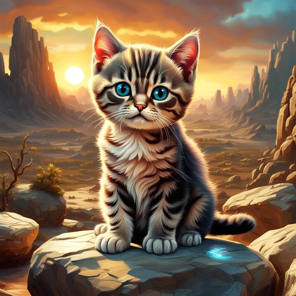 Grumpy Kitten at Desert Sunset, Oil Painting