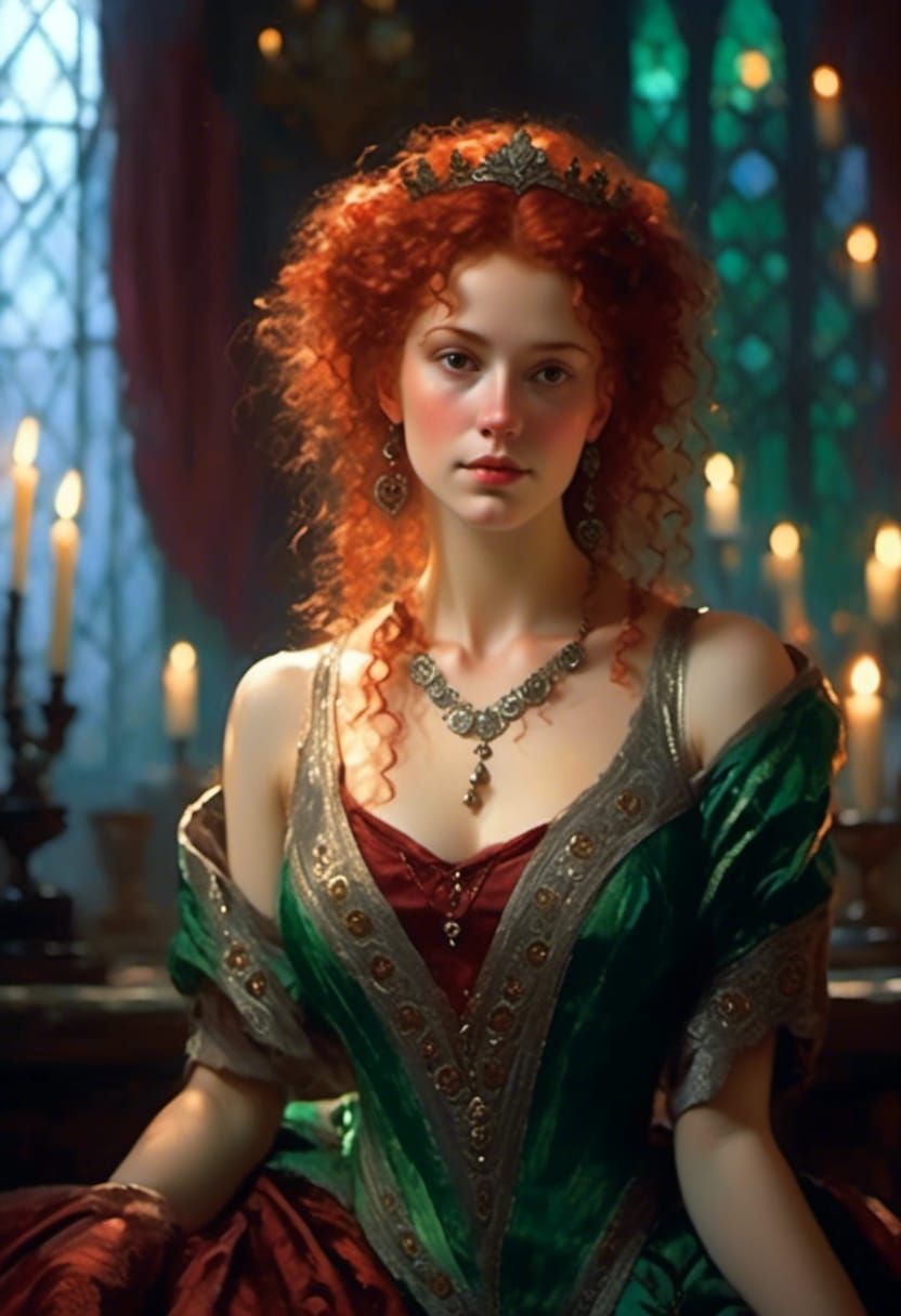 Red-Haired Queen in Moonlight, Dreamy Vignette