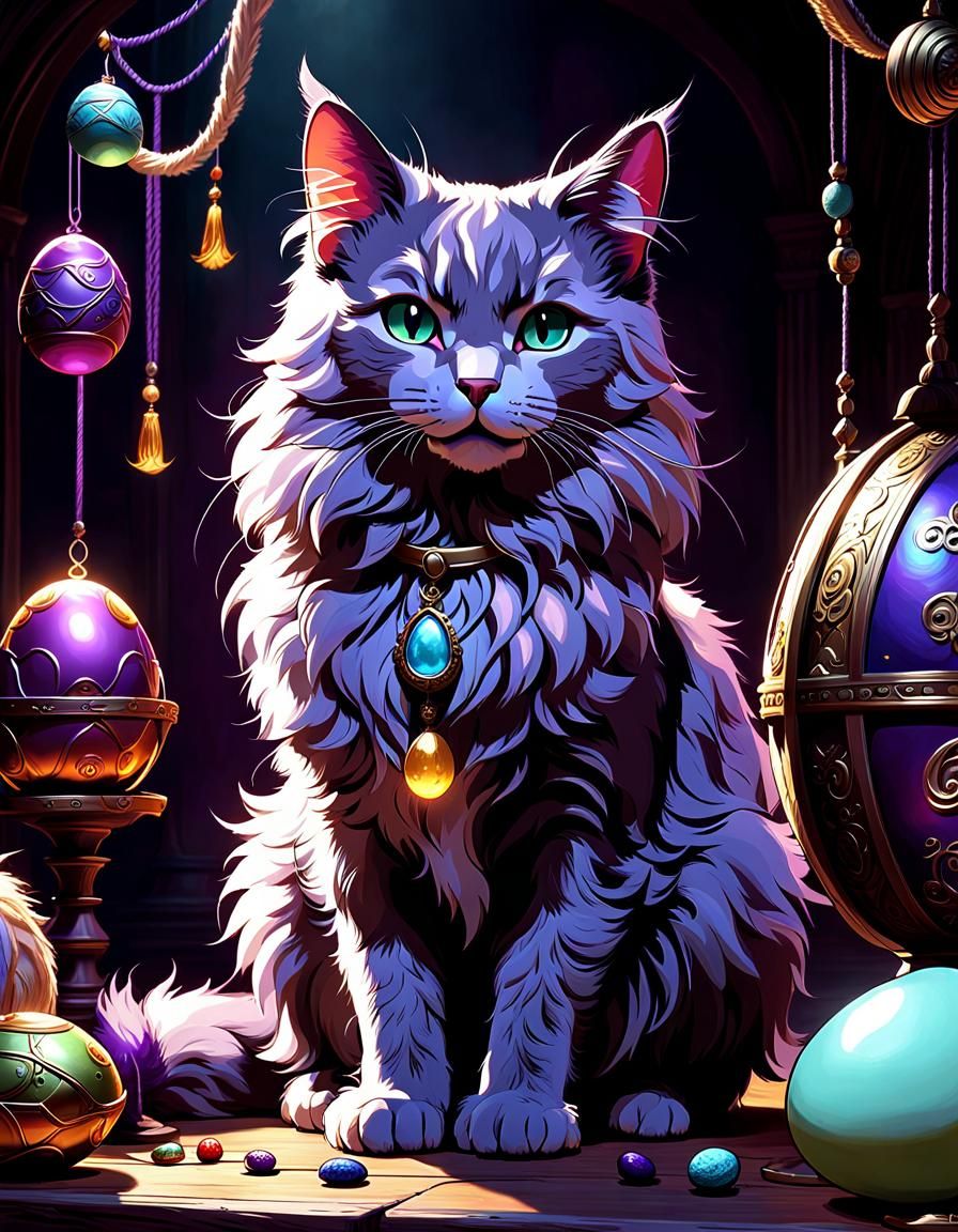 Fluffy Cat Guarding Nest Egg: Dark Fantasy Art