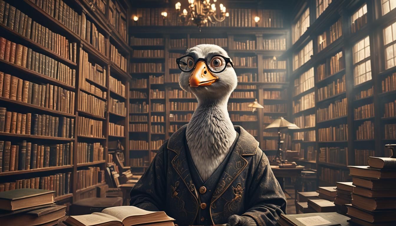 Librarian Goose with Glasses: Digital Matte Painting