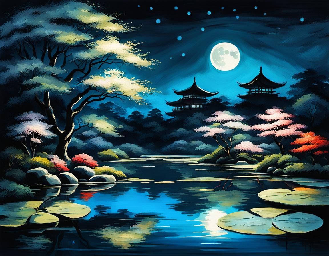 Moonlit Garden Pond in Japanese Oil Painting Style