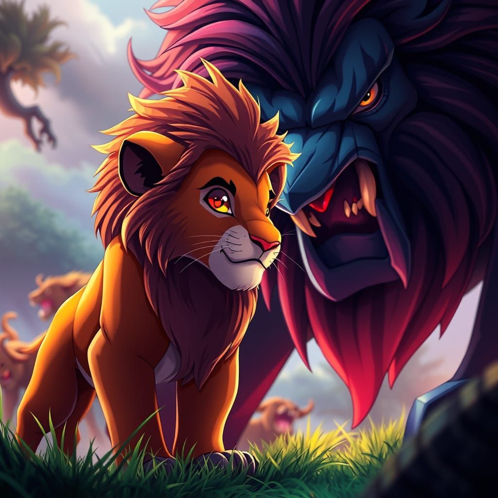 Simba Confronts Scar in Dramatic 3D Anime Style