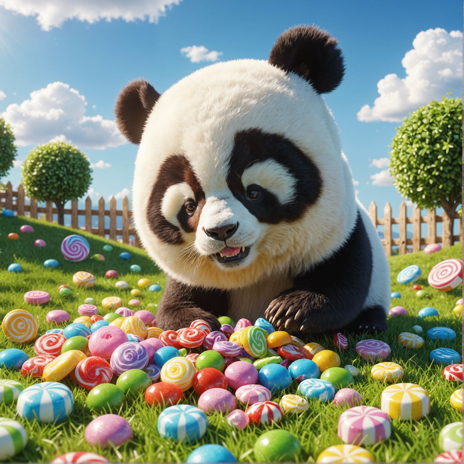 Delightful Panda with Colorful Candies in CGI Style