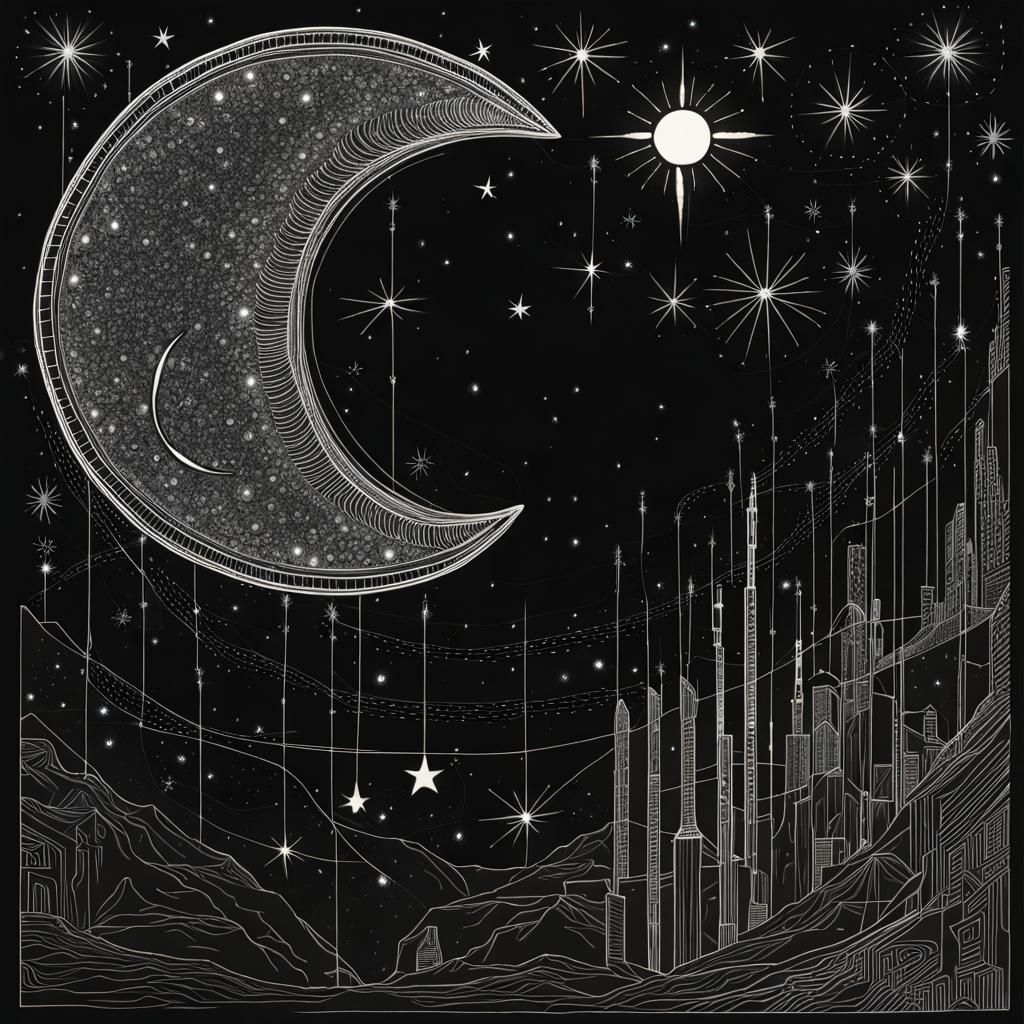 Aztec Quarter Moon Line Drawing with Constellations