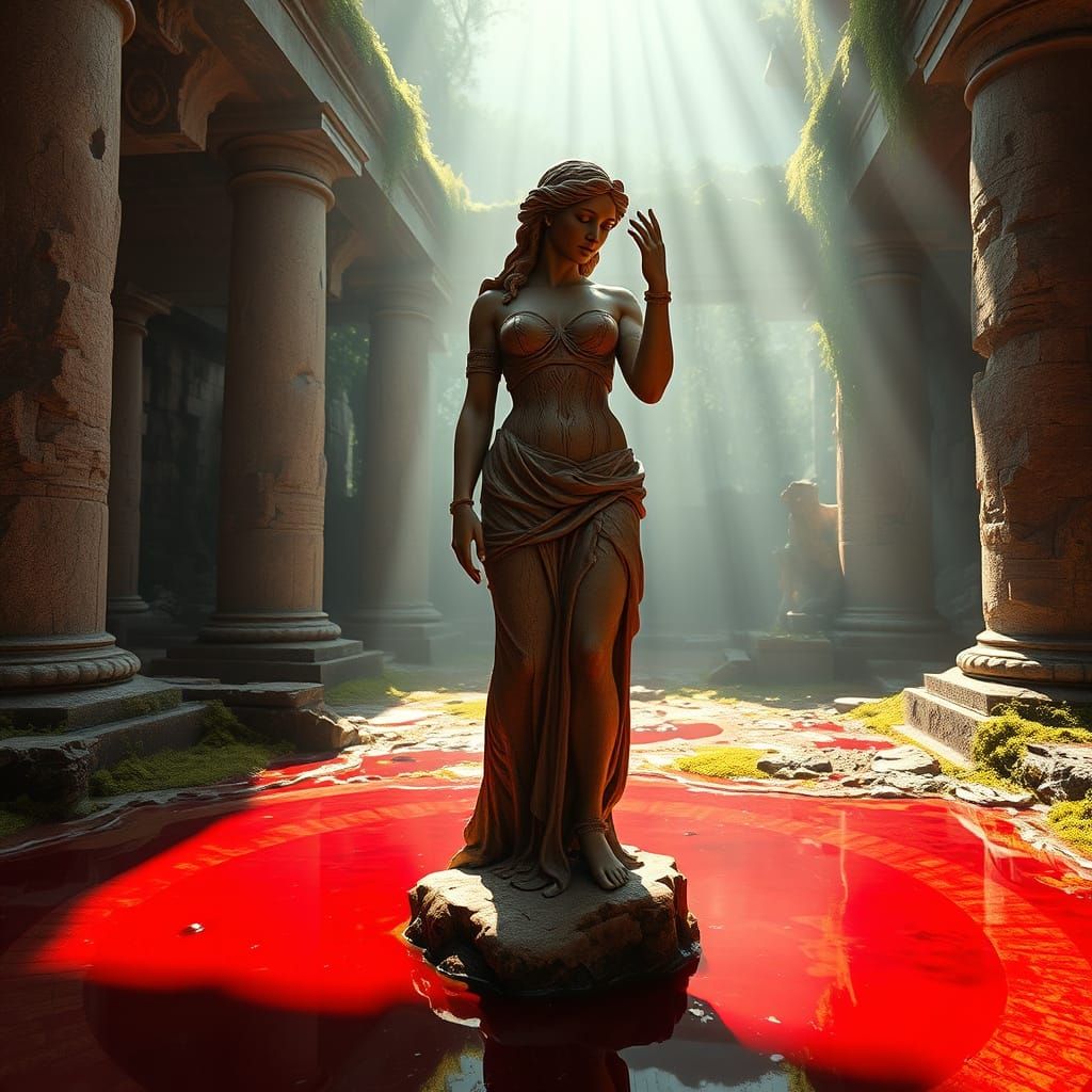 Hyperrealistic Wood Goddess Statue in Blood Puddle