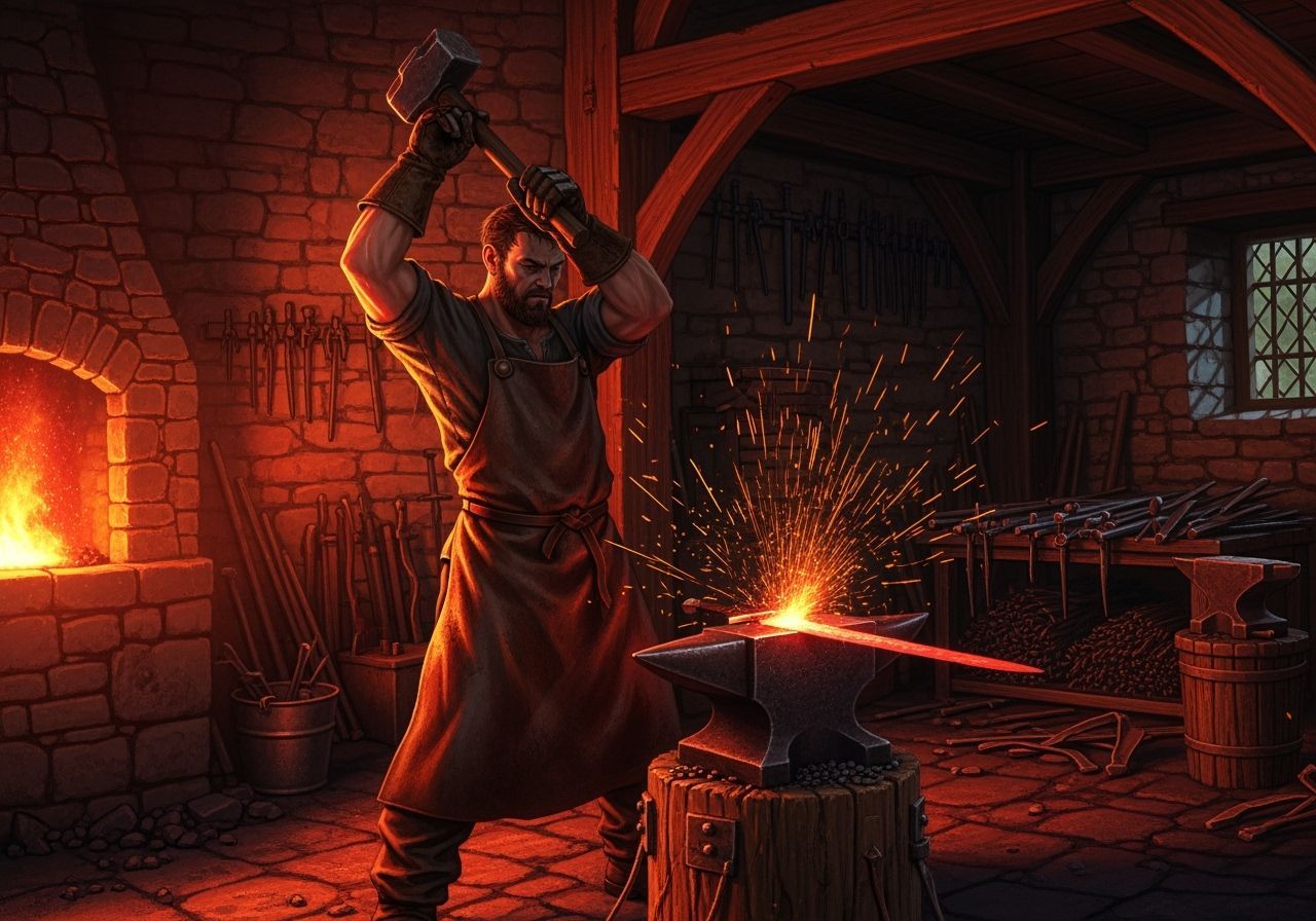 Medieval Blacksmith Forging Sword in Rustic Workshop