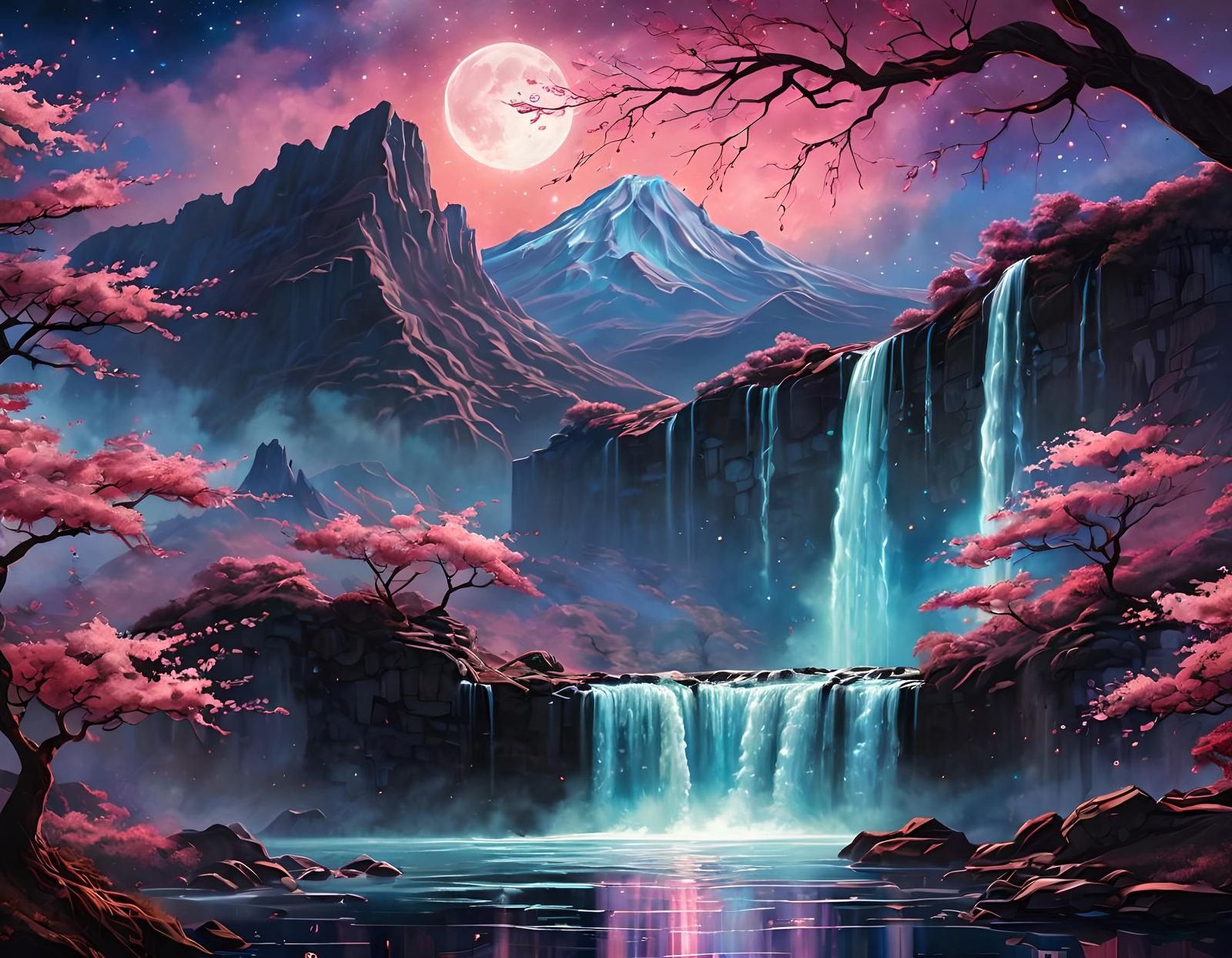 Whimsical Moonlit Landscape with Cherry Blossoms in Pastel H...