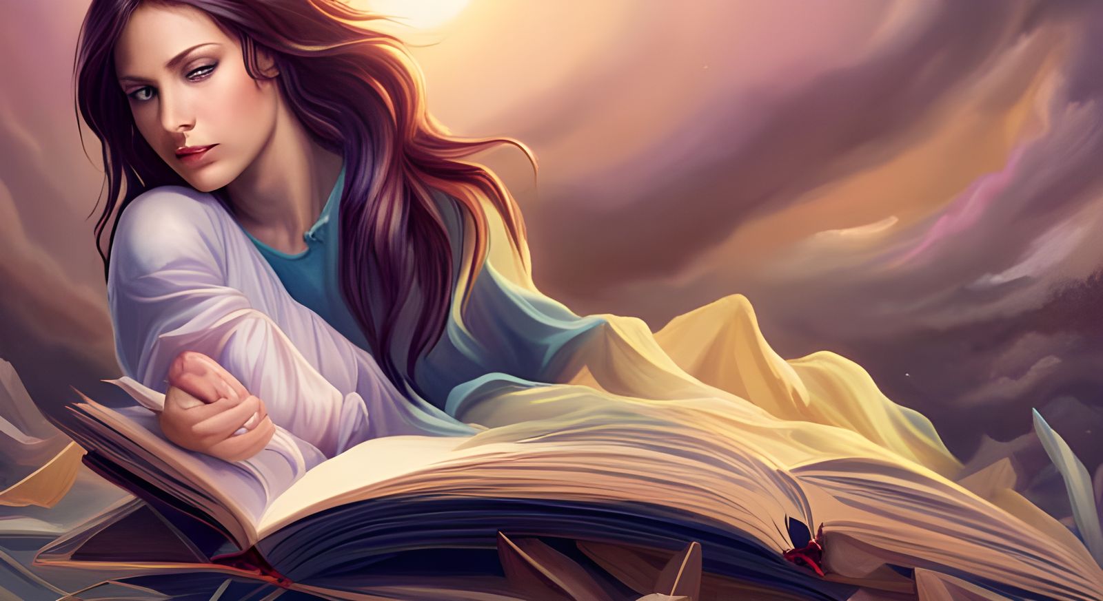 Woman Reading with Fairies, Hyperdetailed Portrait