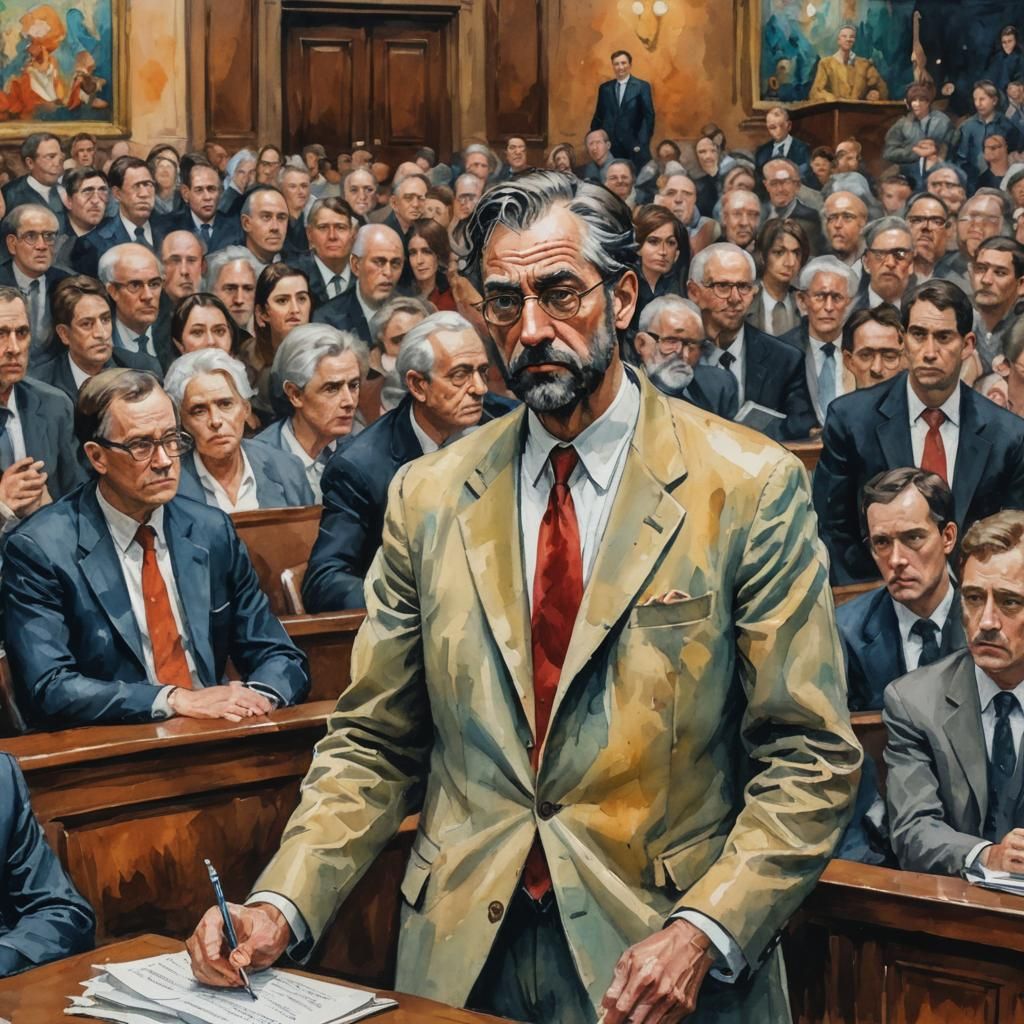 Courtroom Allegory in Gouache Style