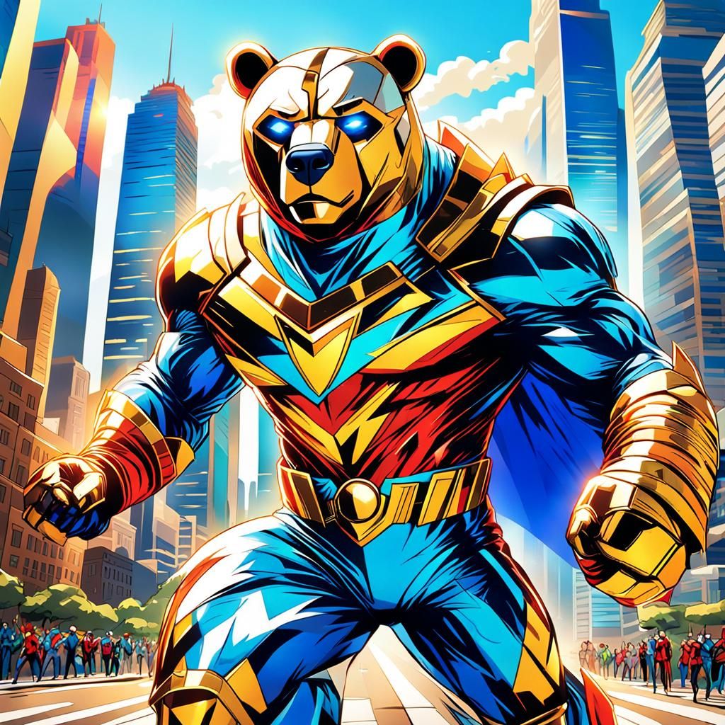 Bear Superhero in City Street: Comic Book Art