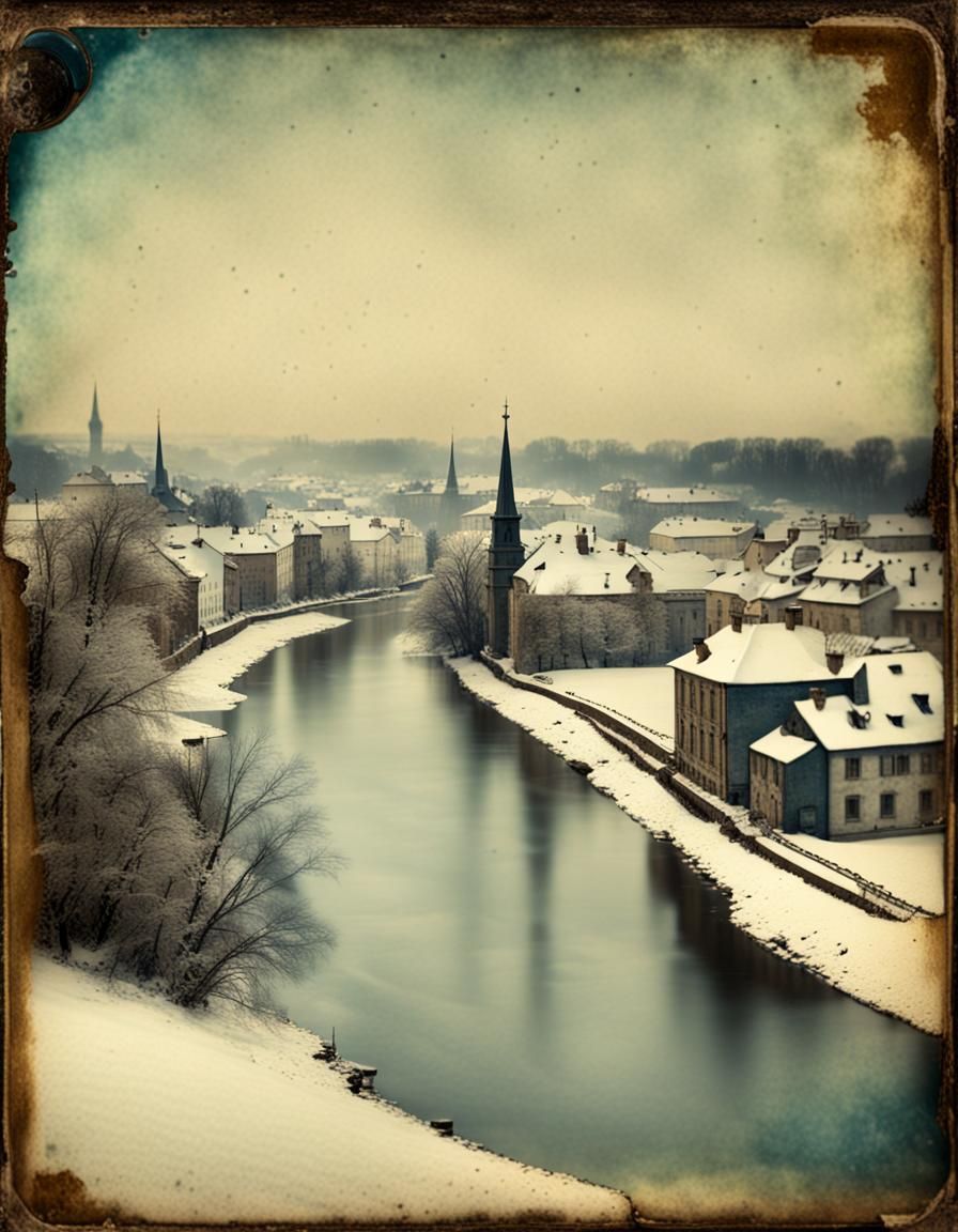 Old town at a riverside in winter around 1900.