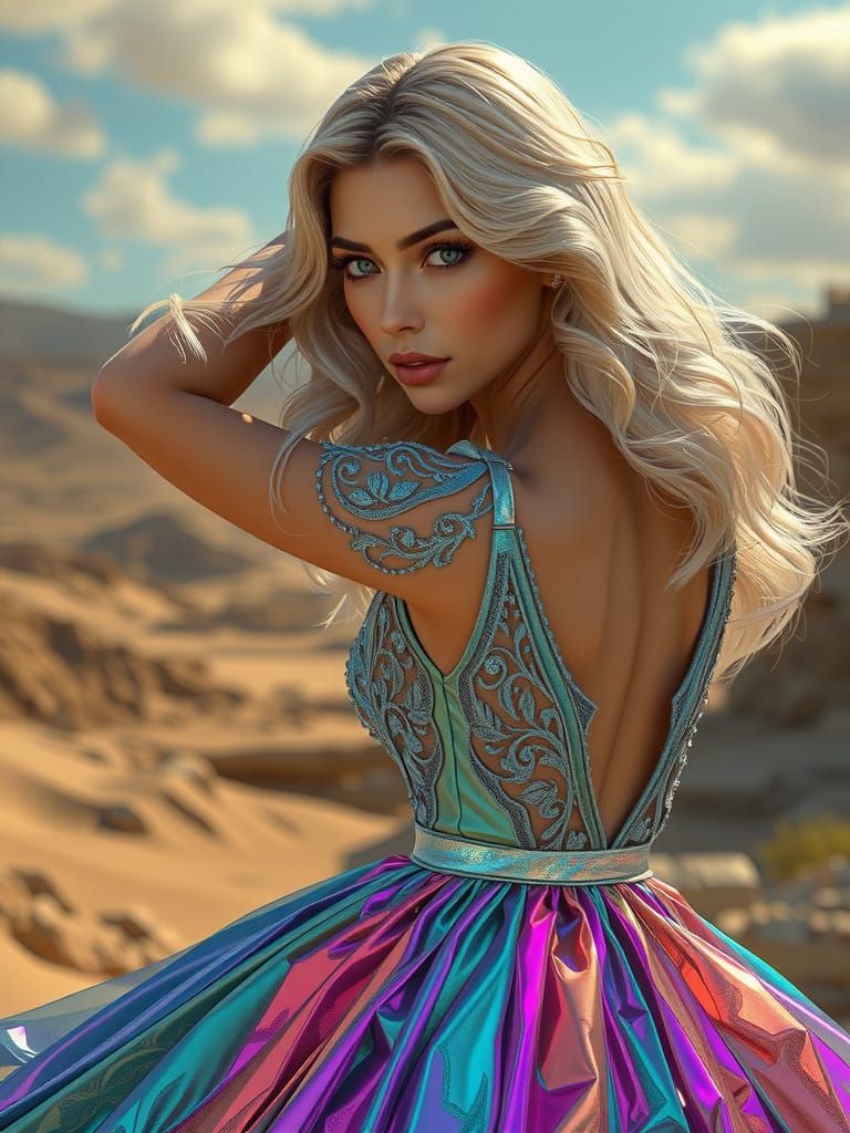 Elegant Turkish Beauty in Desert Sunset Attire