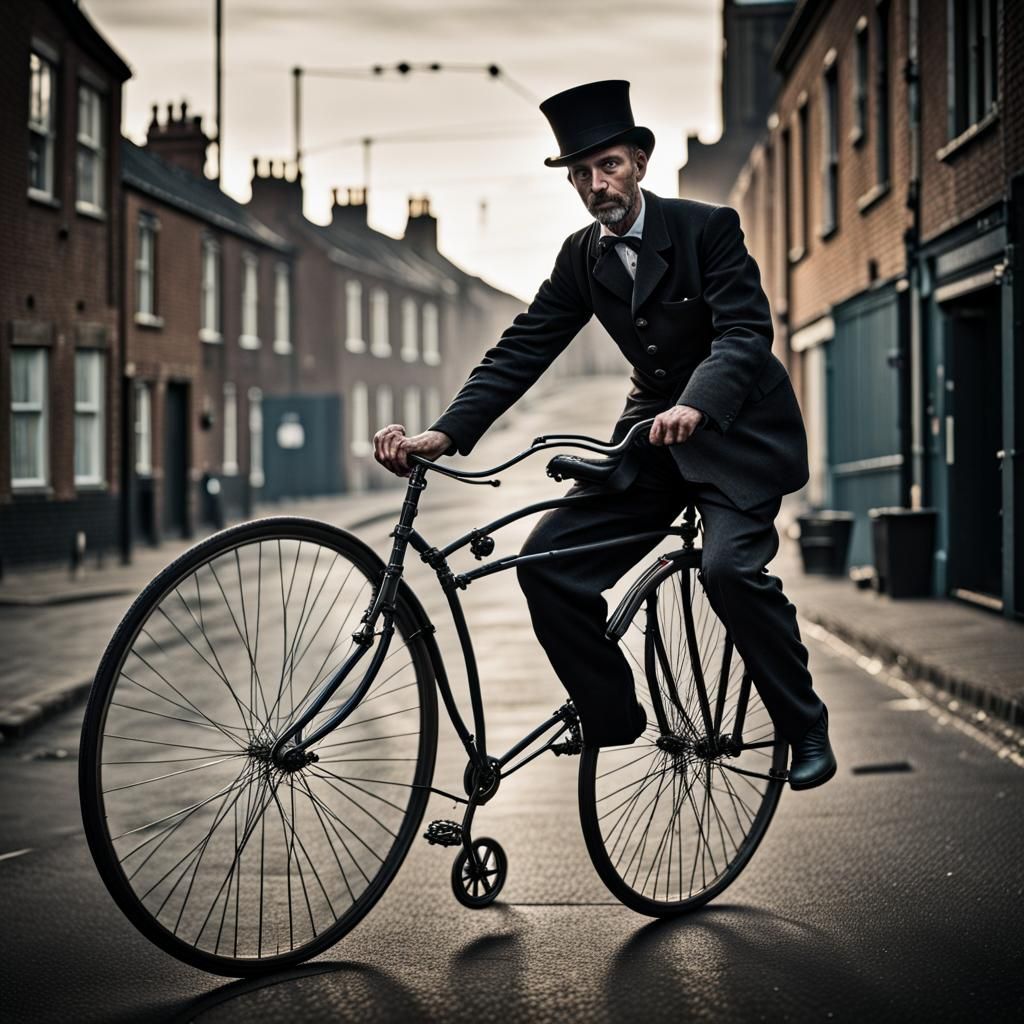 Man Rides Penny-Farthing Bicycle in Ambient Light