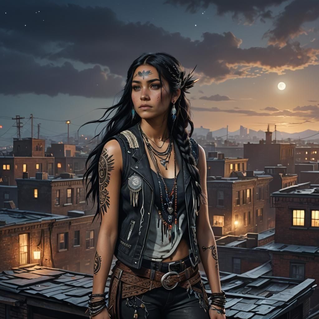 Native American Woman on Tenement Roof: Detailed Matte Paint...