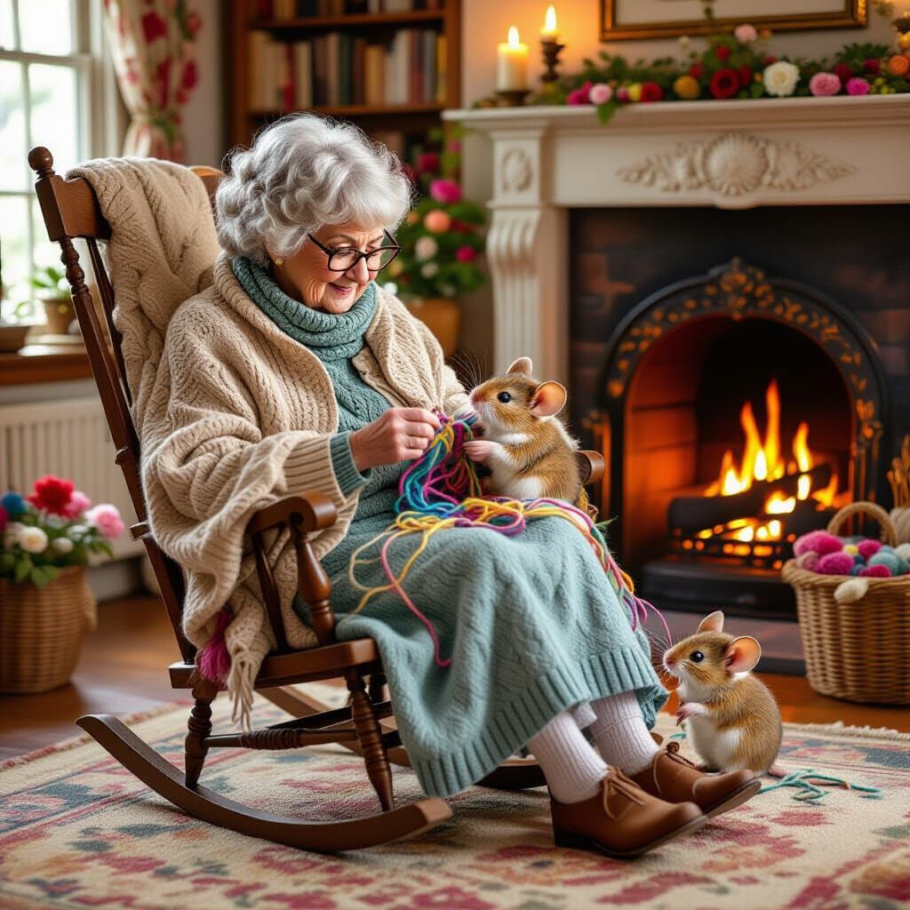 Grandmother Knitting with Mouse in Beatrix Potter Style