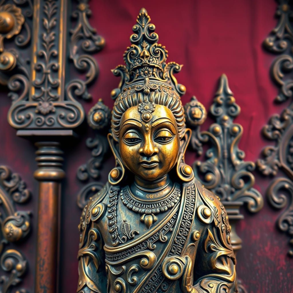 Golden Sri Lankan Statue in Art Nouveau and Cubist Style