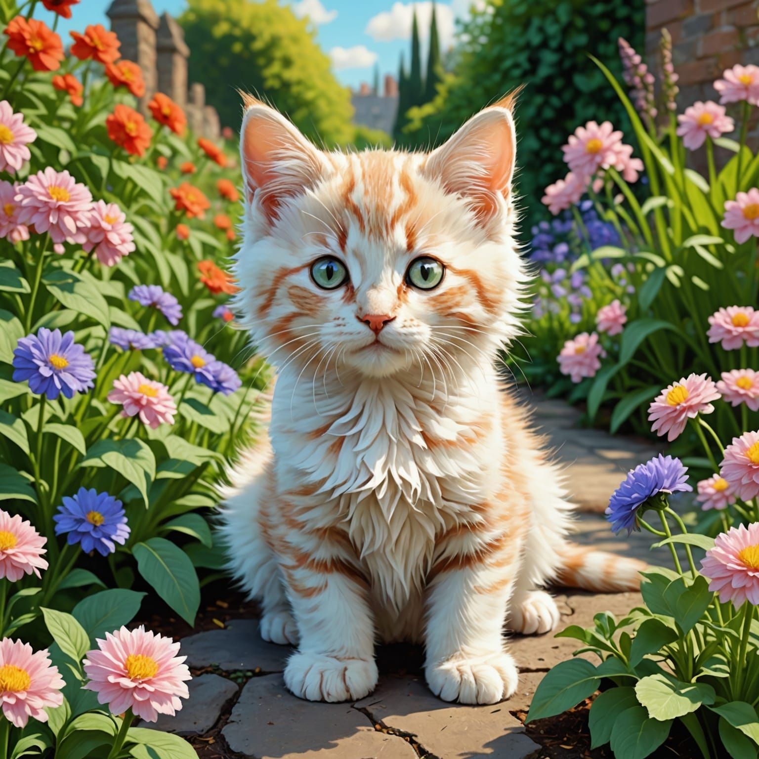 Pale Cream Tabby Kitten in Anime Garden