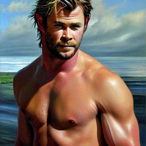 Chris Hemsworth Shirtless Portrait as Oil Painting