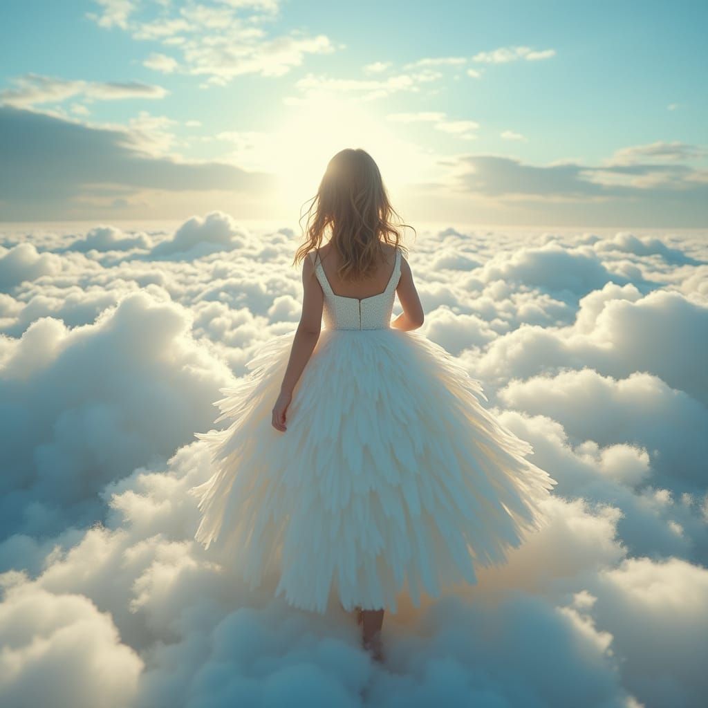 Ethereal Swan Feather Ballerina Walks on Cloudy Runway