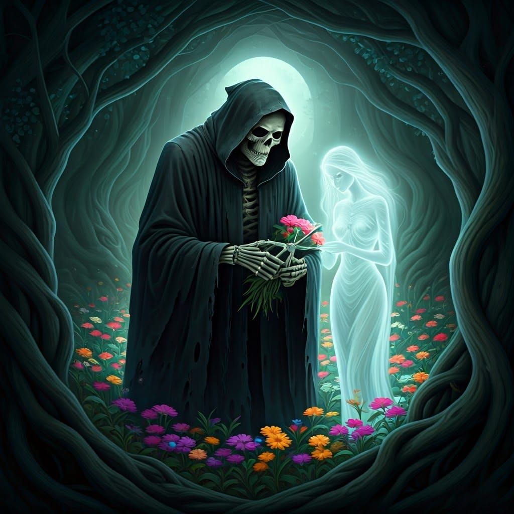 Grim Reaper Pruning Flowers in Moonlit Garden