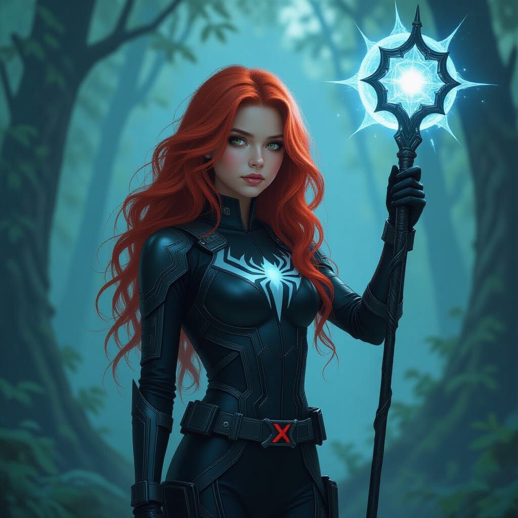 Girl with Lunar Staff at Forest Edge