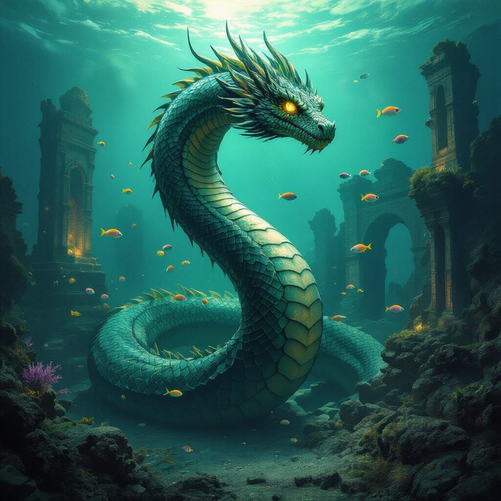 Majestic Sea Serpent Guards Underwater City Ruins