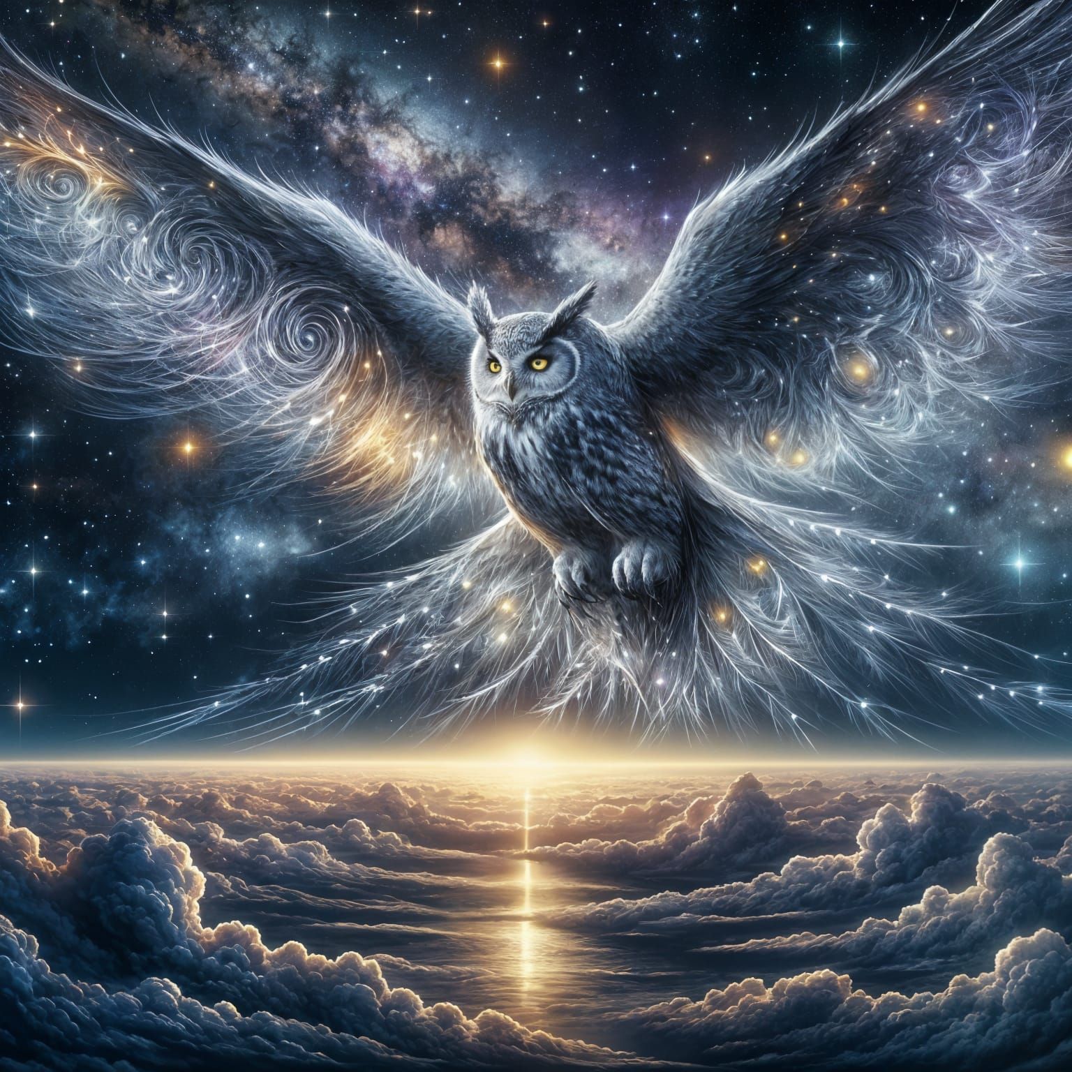 A vast owl, formed from silver and pearlescent clouds, silen...