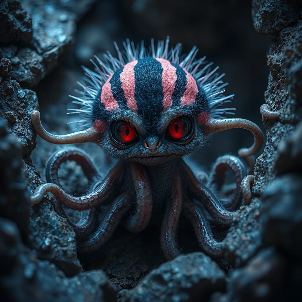 Neon Furry Creature with Tentacles in Fissure