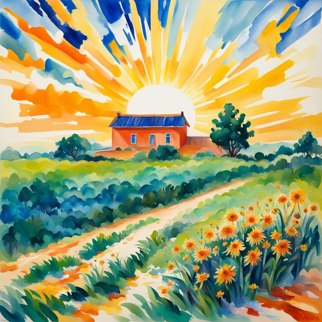 Radiant Sun in Gouache Style Watercolor Painting