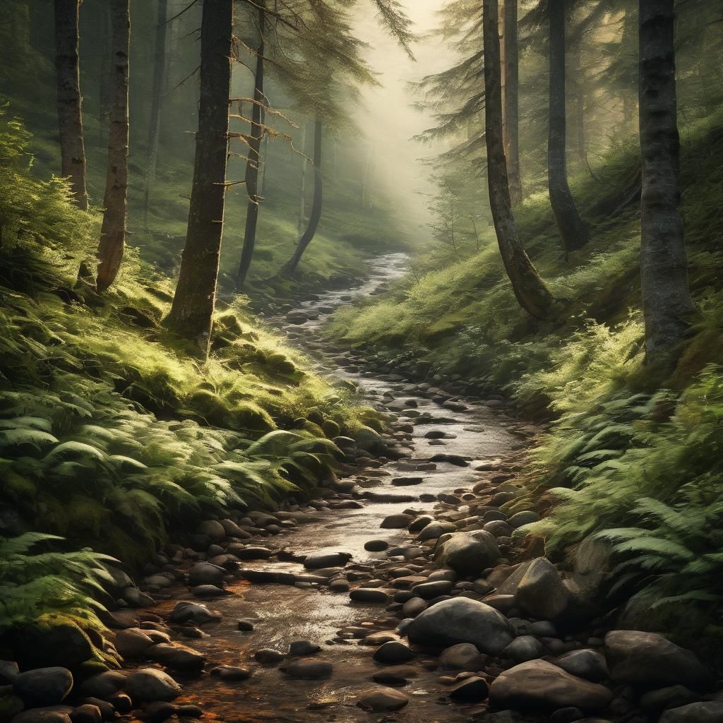 Mountain Forest Path with Gentle Stream Photography
