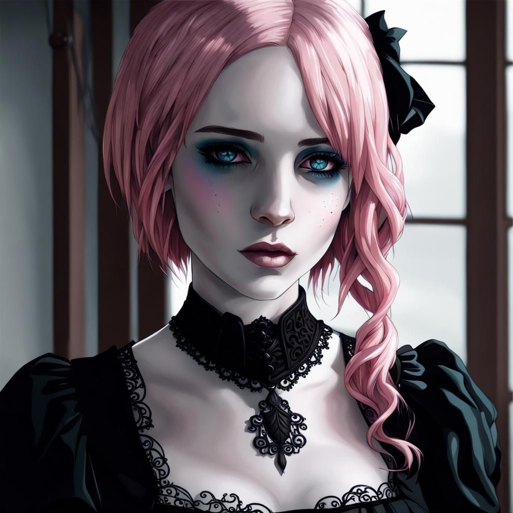 Beautiful Goth Girl with Pink Hair and Blue Eyes
